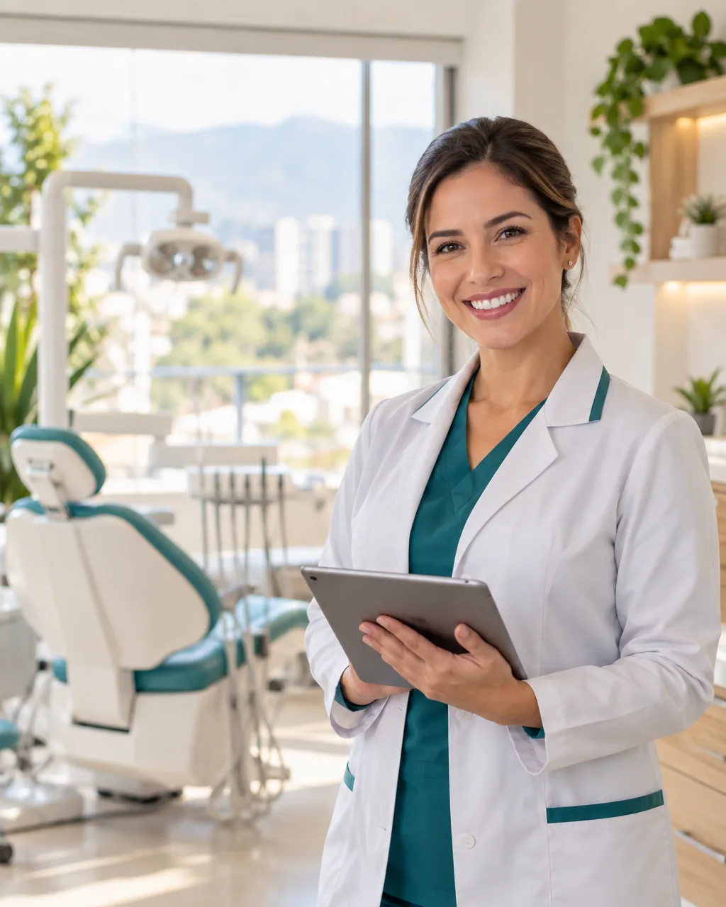 Odontóloga sonriente con una tablet en su consultorio luminoso