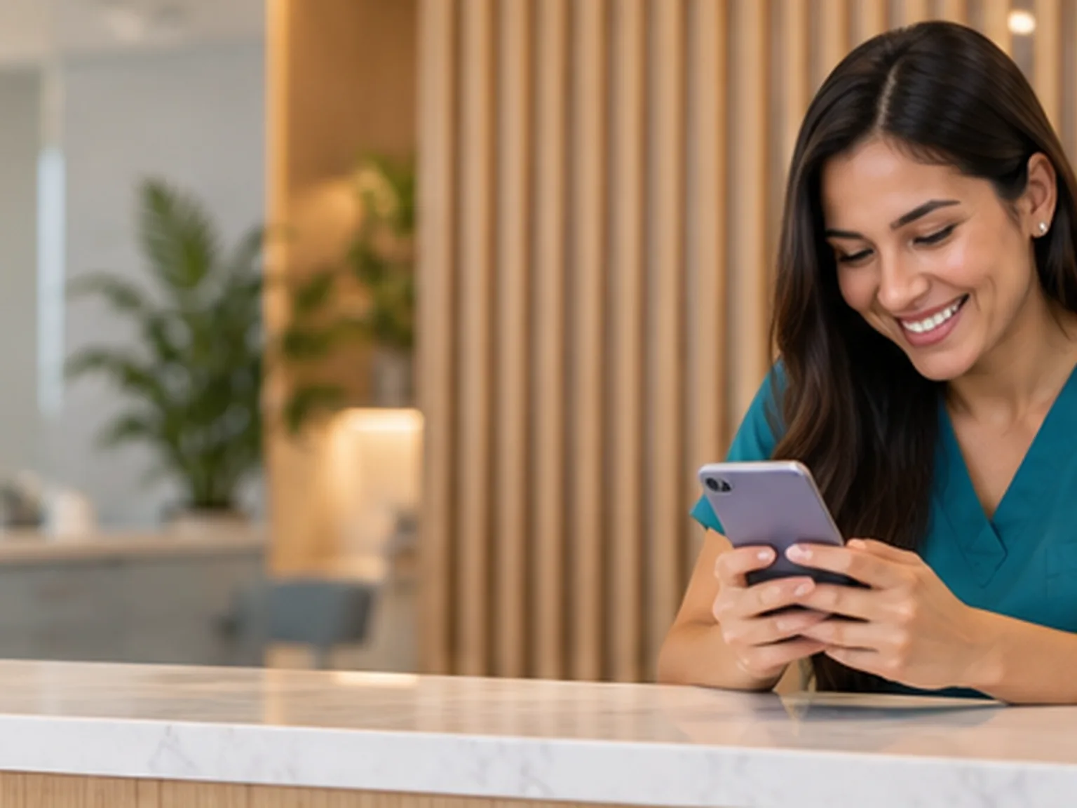 Asistente dental en la recepción del consultorio revisando el celular